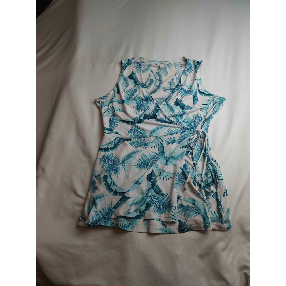 Charter Club Wrap Top S Blue White Palm Leaf Print Tropical Summer Resortwear